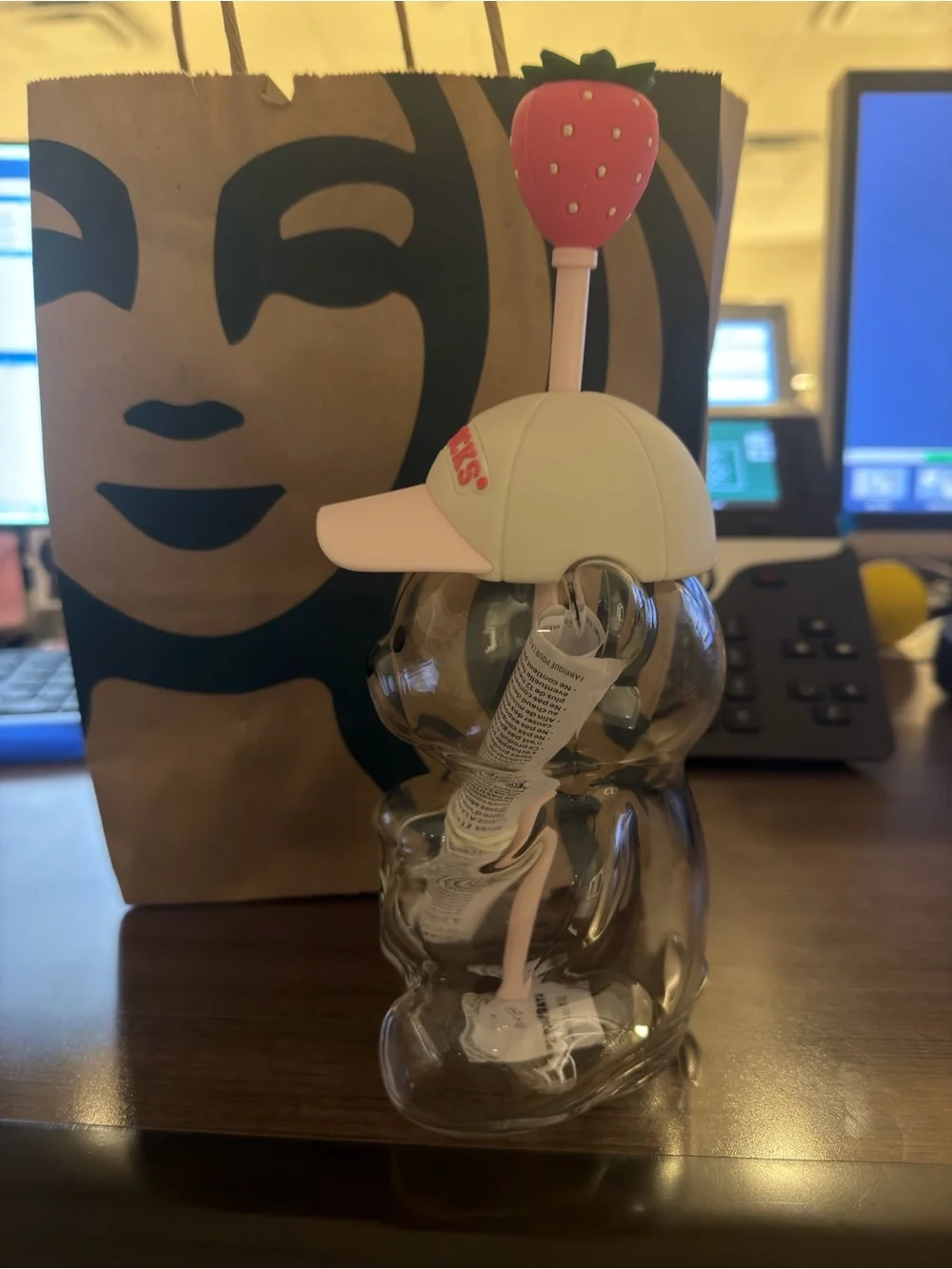 Starbucks Clear Bear Tumbler with Pink Cap and Strawberry Straw